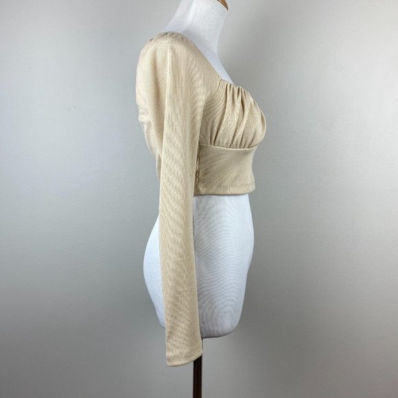 Princess Polly Crop Top 6 Beige Ribbed Knit Sweetheart Ruched Long Sleeve - Picture 4 of 10